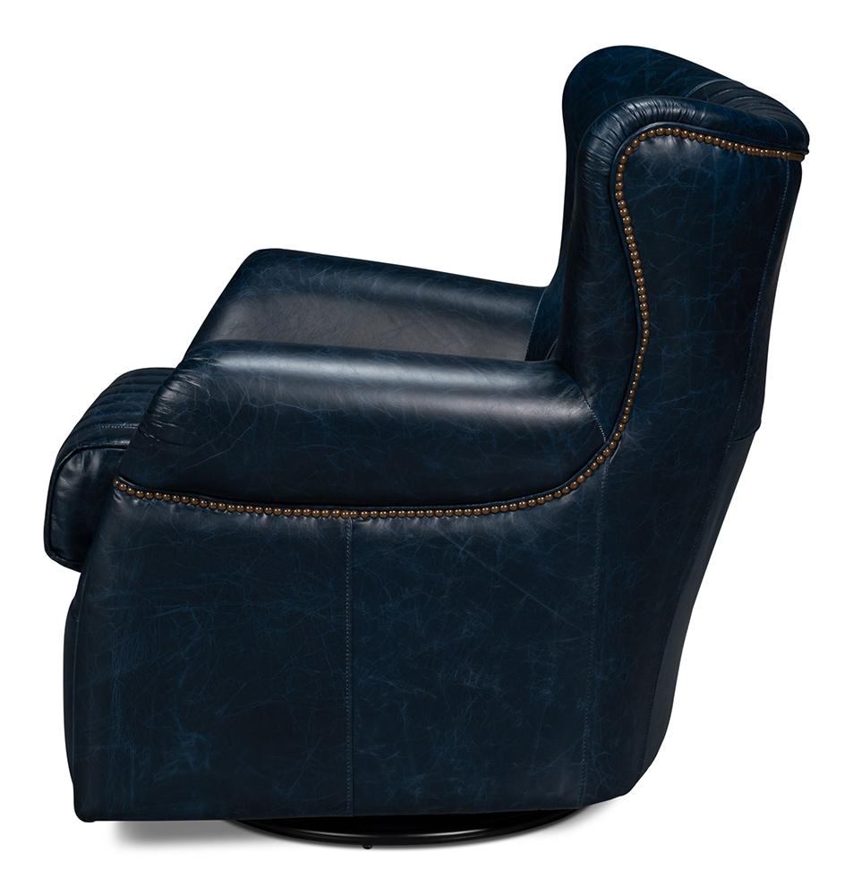 Sarreid Ltd - Bugatti Leather Swivel Chair, Blue - 54112 veiw 3