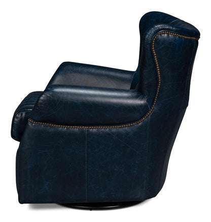 Sarreid Ltd - Bugatti Leather Swivel Chair, Blue - 54112 veiw 3