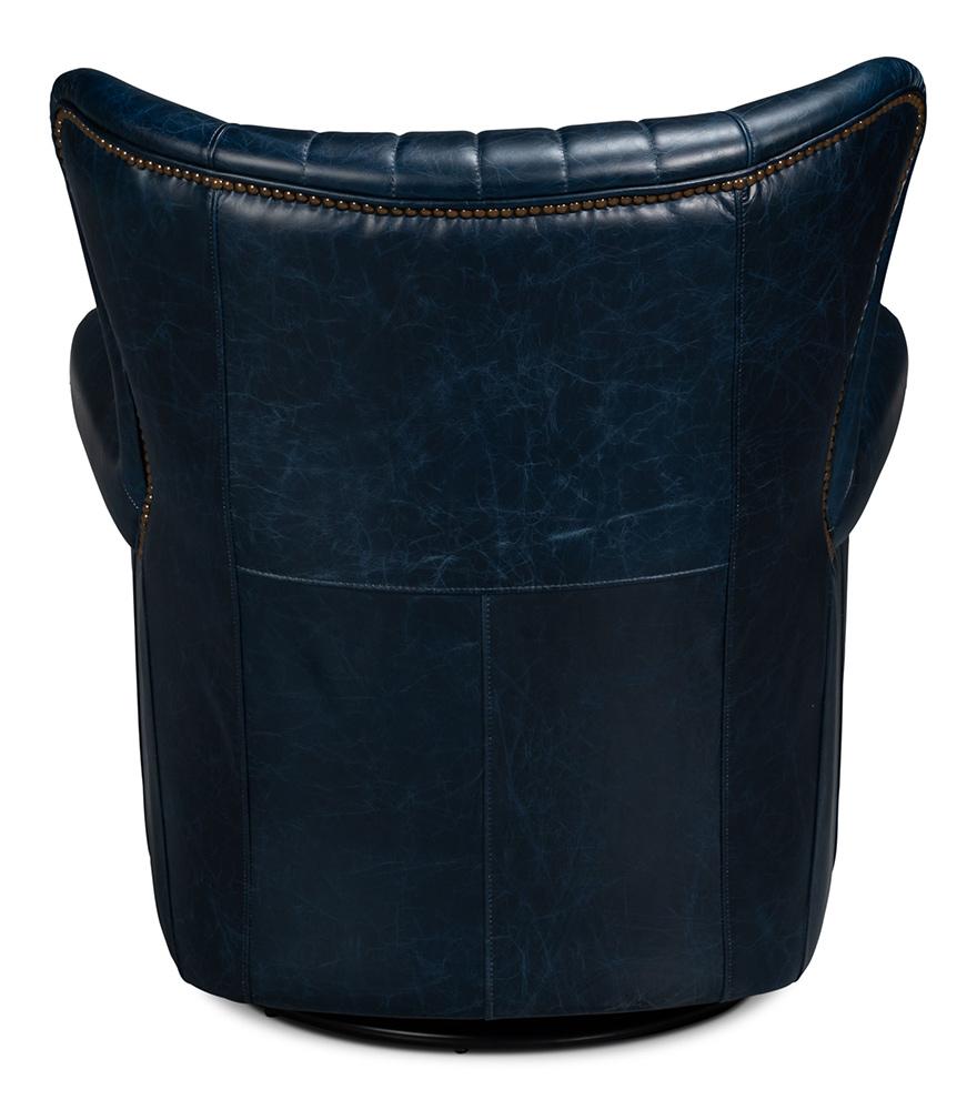 Sarreid Ltd - Bugatti Leather Swivel Chair, Blue - 54112 veiw 4
