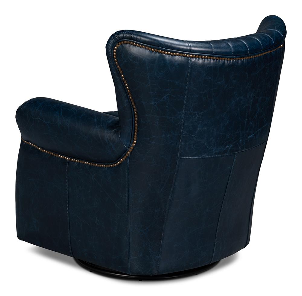 Sarreid Ltd - Bugatti Leather Swivel Chair, Blue - 54112 veiw 5