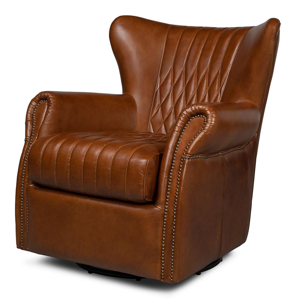 Sarreid Ltd - Bugatti Leather Swivel Chair, Cuba Brown - 54110 veiw 1