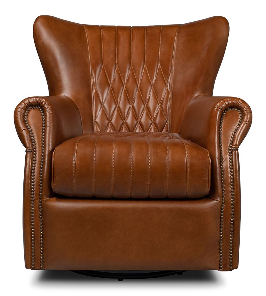 Sarreid Ltd - Bugatti Leather Swivel Chair - Brown - 53469 veiw 2