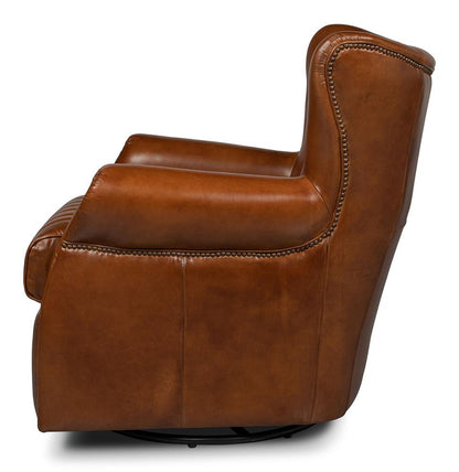 Sarreid Ltd - Bugatti Leather Swivel Chair, Cuba Brown - 54110 veiw 3