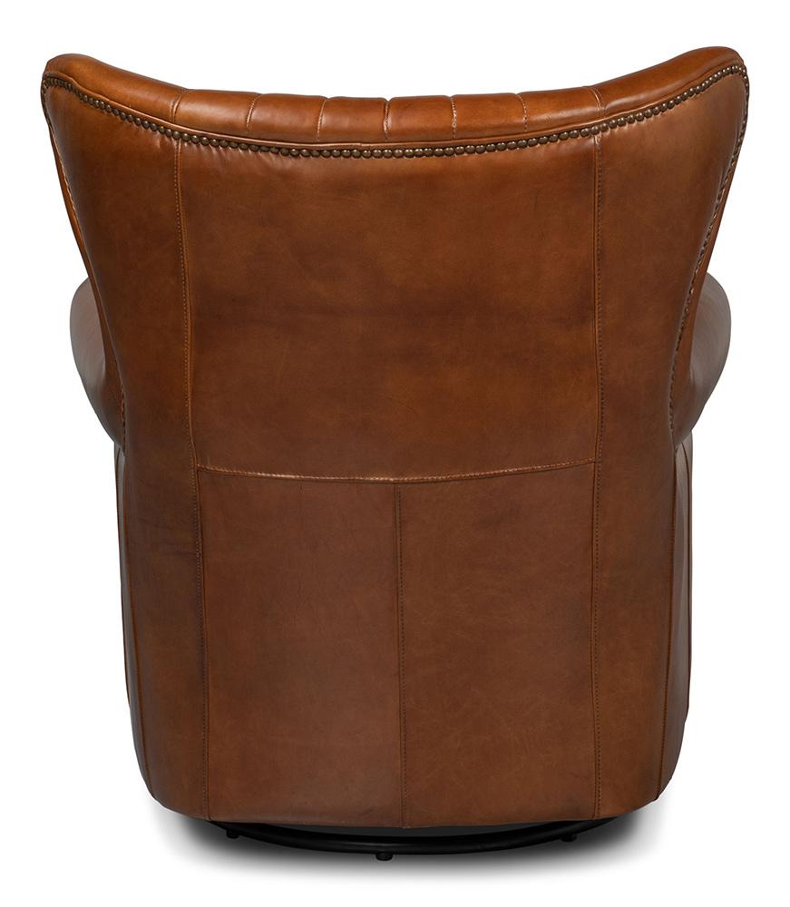 Sarreid Ltd - Bugatti Leather Swivel Chair, Cuba Brown - 54110 veiw 4