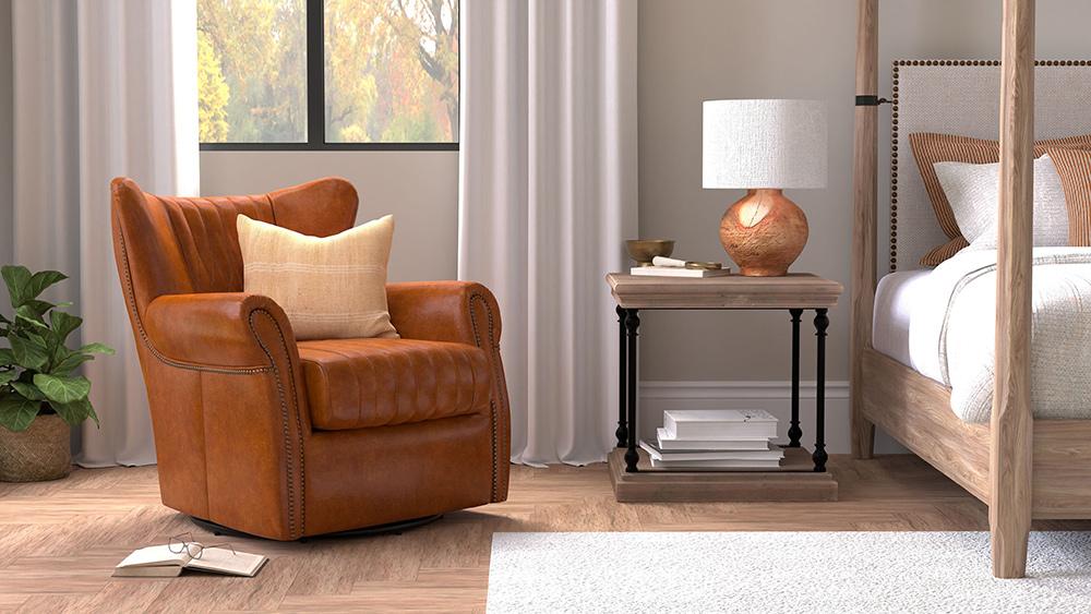 Sarreid Ltd - Bugatti Leather Swivel Chair - Brown - 53469 veiw 8