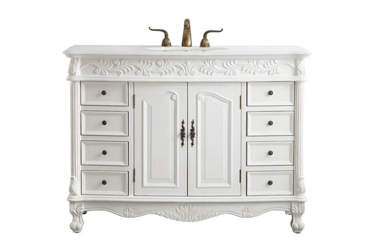 Elegant Furniture & Lighting - Bordeaux 48 inch Single Bathroom vanity in Antique White with ivory white engineered marble - VF-1039-VW veiw 1