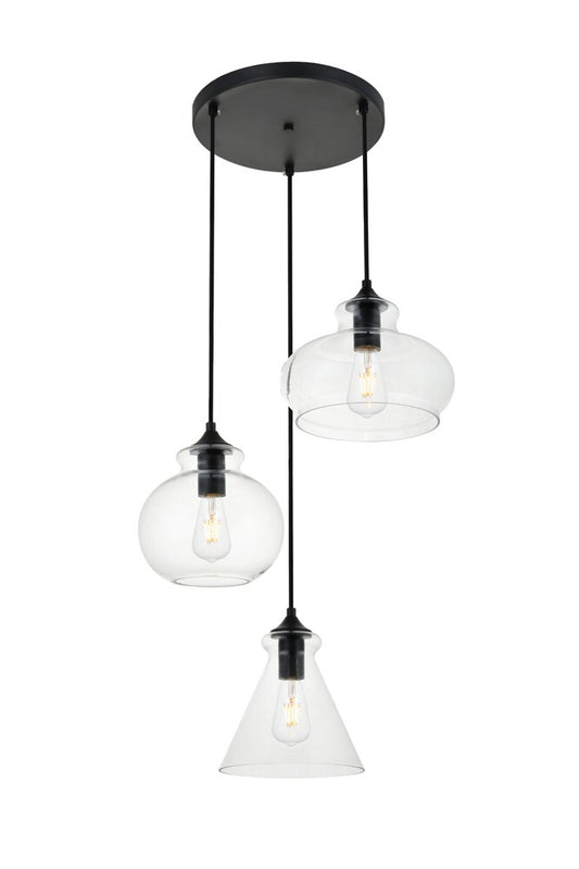 Elegant Furniture & Lighting - Destry 3 Lights Black Pendant With Clear Glass - LD2247BK veiw 1