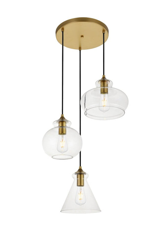Elegant Furniture & Lighting - Destry 3 Lights Brass Pendant With Clear Glass - LD2247BR veiw 1