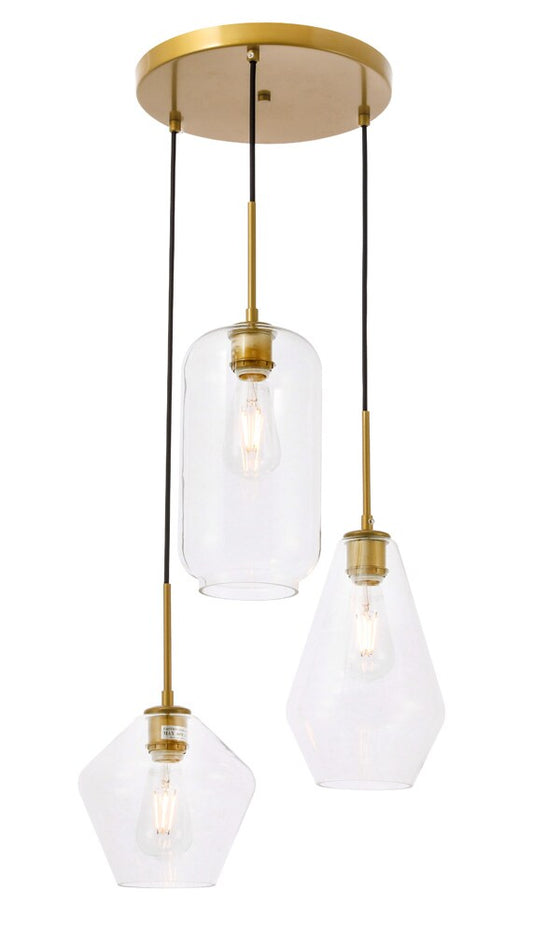 Elegant Furniture & Lighting - Gene 3 light Brass and Clear glass pendant - LD2268BR veiw 1