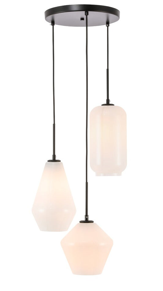 Elegant Furniture & Lighting - Gene 3 light Black and Frosted white glass pendant - LD2269BK veiw 1