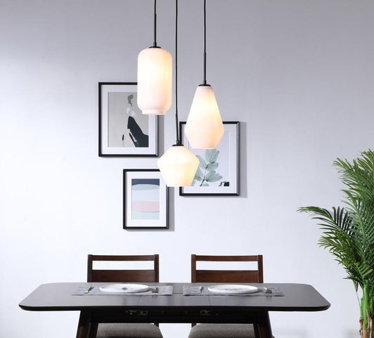Elegant Furniture & Lighting - Gene 3 light Black and Frosted white glass pendant - LD2269BK veiw 2