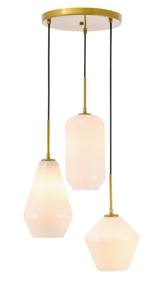 Elegant Furniture & Lighting - Gene 3 light Brass and Frosted white glass pendant - LD2269BR veiw 1