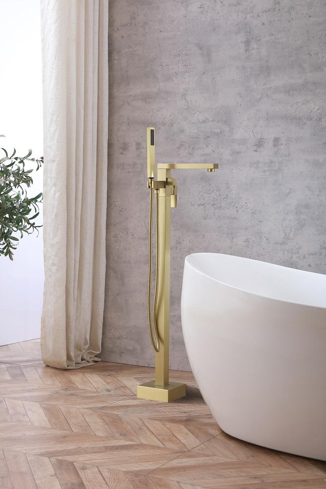 Elegant Furniture & Lighting - Henry Floor Mounted Roman Tub Faucet with Handshower in Brushed Gold - FAT-8002BGD veiw 3