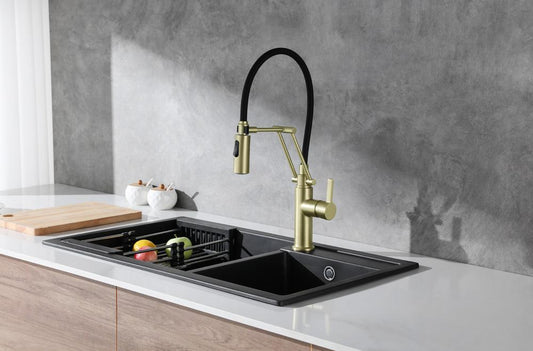 Elegant Furniture & Lighting - Leonardo Single Handle Pull Down Sprayer Kitchen Faucet in Brushed Gold - FAK-304BGD veiw 2