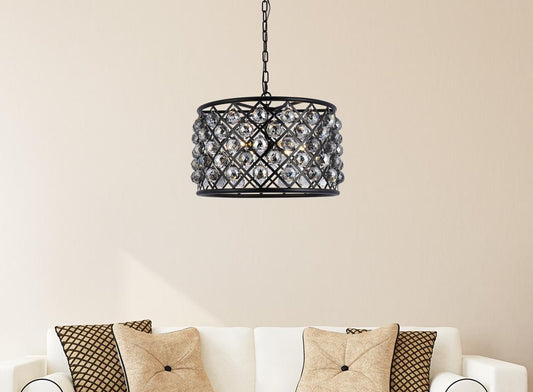 Elegant Furniture & Lighting - Madison 6 light Matte Black Pendant Silver Shade (Grey) Royal Cut Crystal - 1206D20MB-SS/RC veiw 1