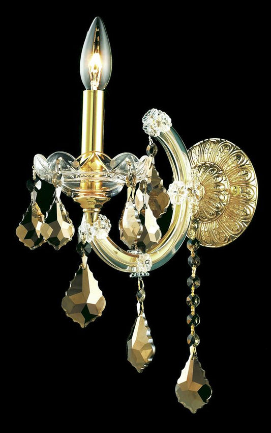 Elegant Furniture & Lighting - Maria Theresa 1 light Gold Wall Sconce Golden Teak (Smoky) Royal Cut Crystal - 2800W1G-GT/RC veiw 1