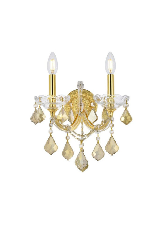 Elegant Furniture & Lighting - Maria Theresa 2 light Gold Wall Sconce Golden Teak (Smoky) Royal Cut Crystal - 2800W2G-GT/RC veiw 1