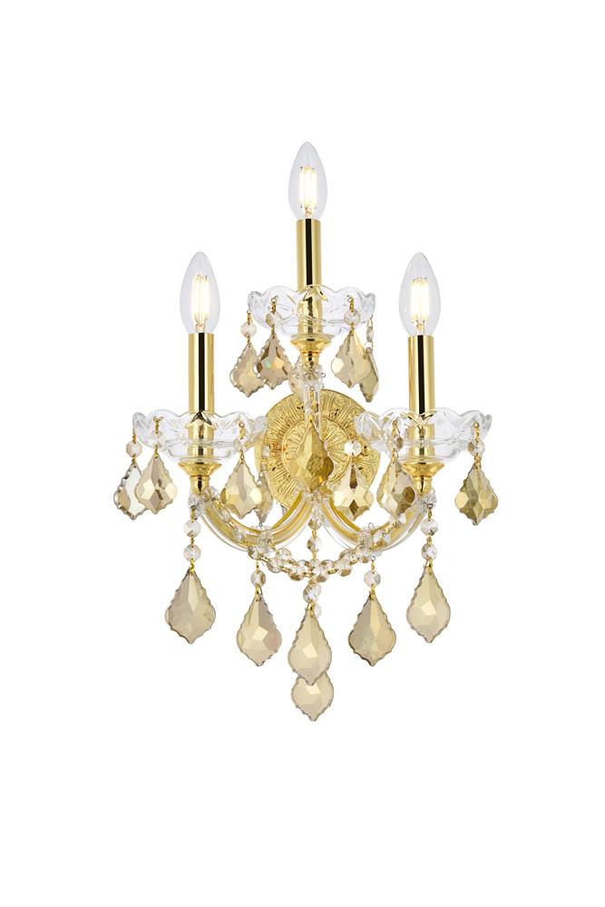 Elegant Furniture & Lighting - Maria Theresa 3 light Gold Wall Sconce Golden Teak (Smoky) Royal Cut Crystal - 2800W3G-GT/RC veiw 1