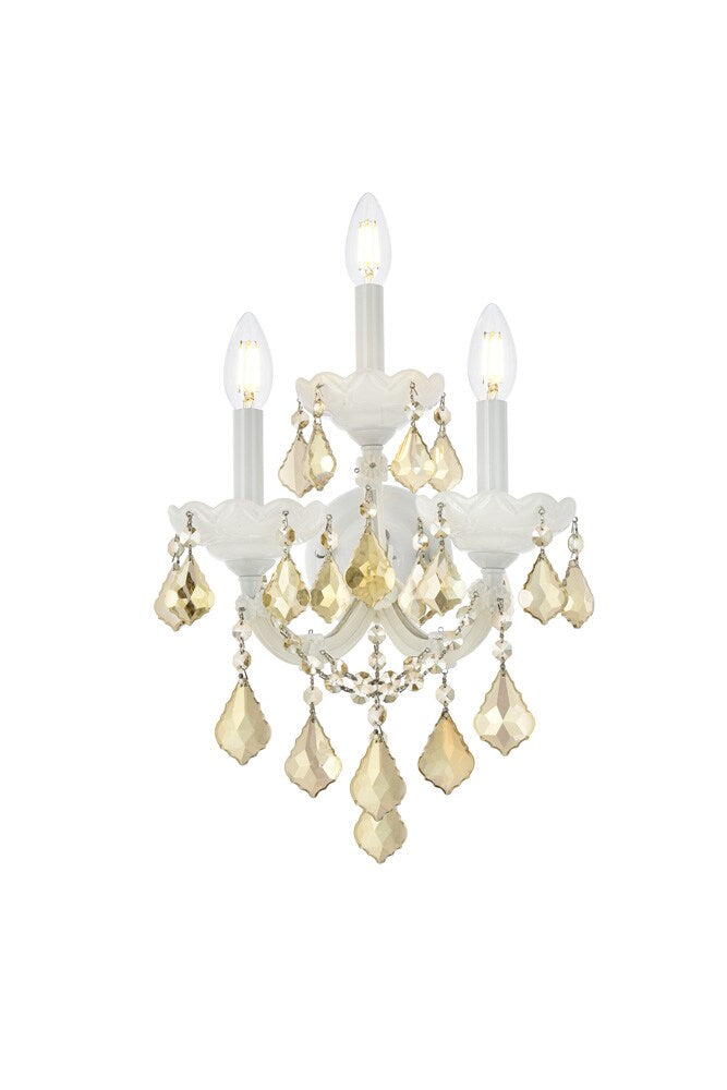 Elegant Furniture & Lighting - Maria Theresa 3 light white Wall Sconce Golden Teak (Smoky) Royal Cut Crystal - 2800W3WH-GT/RC veiw 1