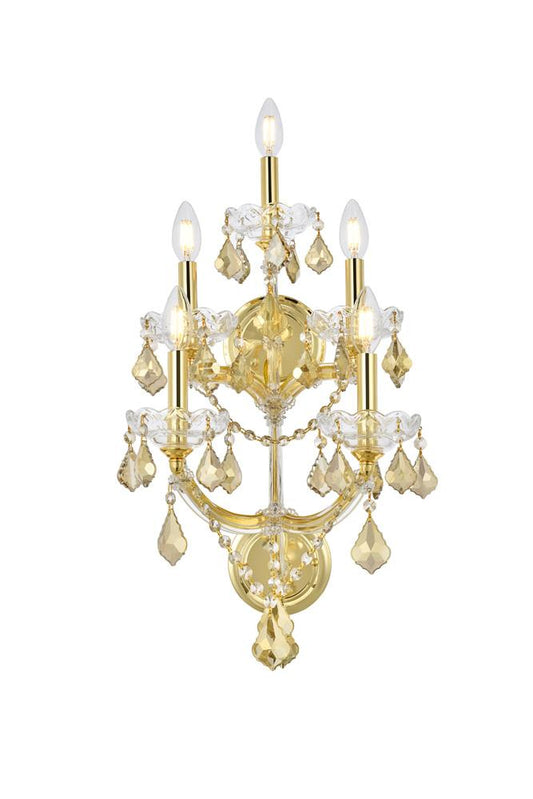 Elegant Furniture & Lighting - Maria Theresa 5 light Gold Wall Sconce Golden Teak (Smoky) Royal Cut Crystal - 2800W5G-GT/RC veiw 1
