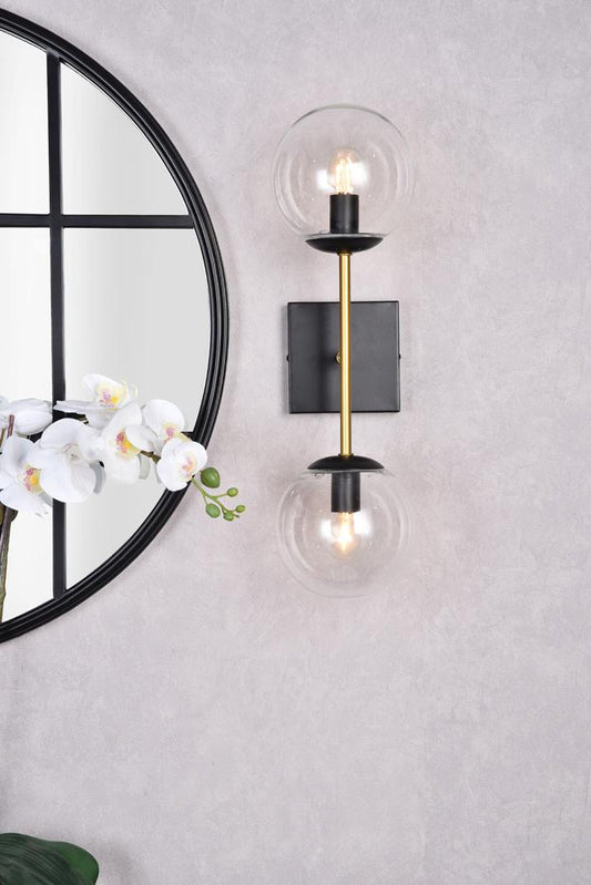 Elegant Furniture & Lighting - Neri 2 lights black and brass and clear glass wall sconce - LD2357BKR veiw 2
