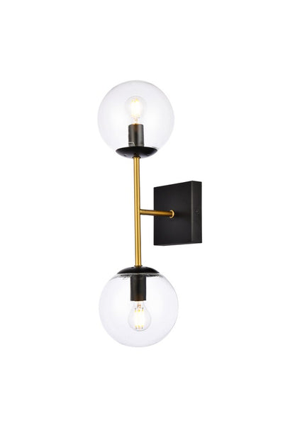 Elegant Furniture & Lighting - Neri 2 lights black and brass and clear glass wall sconce - LD2357BKR veiw 3