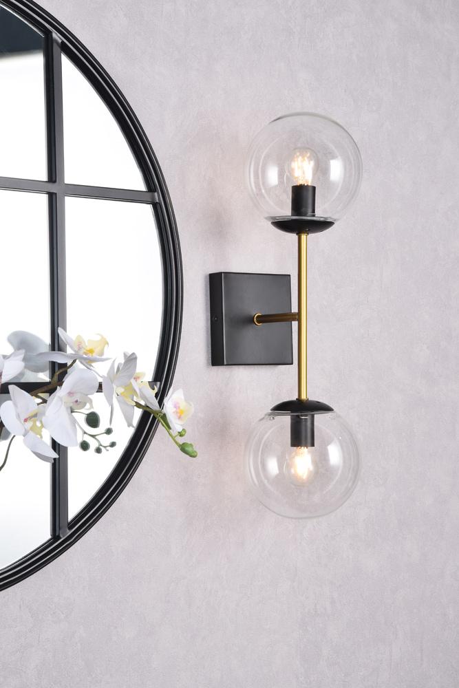 Elegant Furniture & Lighting - Neri 2 lights black and brass and clear glass wall sconce - LD2357BKR veiw 8