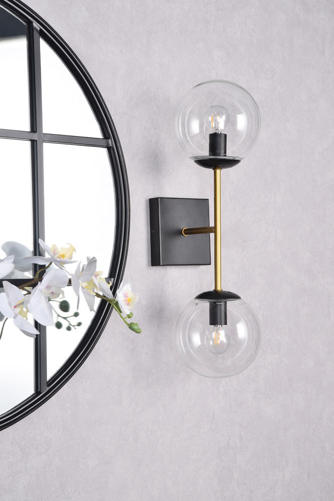 Elegant Furniture & Lighting - Neri 2 lights black and brass and clear glass wall sconce - LD2357BKR veiw 9
