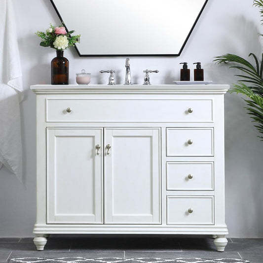 Elegant Furniture & Lighting - Otto 42 inch Single Bathroom vanity in antique white with ivory white engineered marble - VF12342AW-VW veiw 2