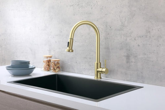 Elegant Furniture & Lighting - Sem Single Handle Pull Down Sprayer Kitchen Faucet in Brushed Gold - FAK-309BGD veiw 2