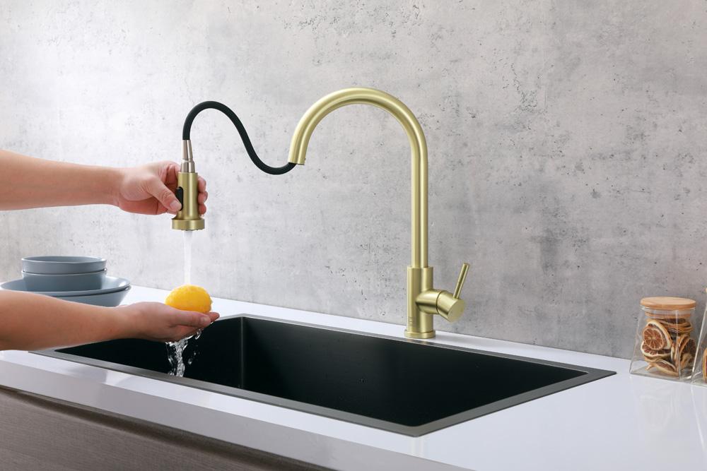 Elegant Furniture & Lighting - Sem Single Handle Pull Down Sprayer Kitchen Faucet in Brushed Gold - FAK-309BGD veiw 5
