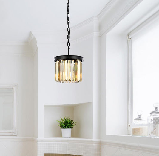 Elegant Furniture & Lighting - Sydney 3 light Matte Black Pendant Golden Teak (Smoky) Royal Cut Crystal - 1238D12MB-GT/RC veiw 1