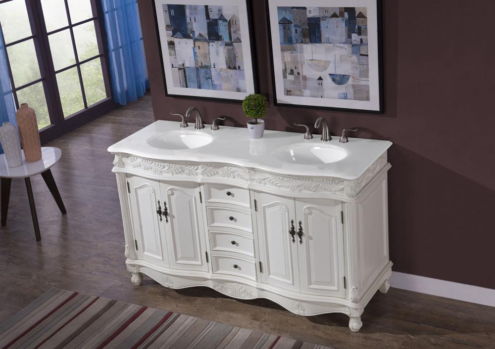 Elegant Furniture & Lighting - Windsor 60 inch Double Bathroom vanity in Antique white with ivory white engineered marble - VF-1049-VW veiw 3