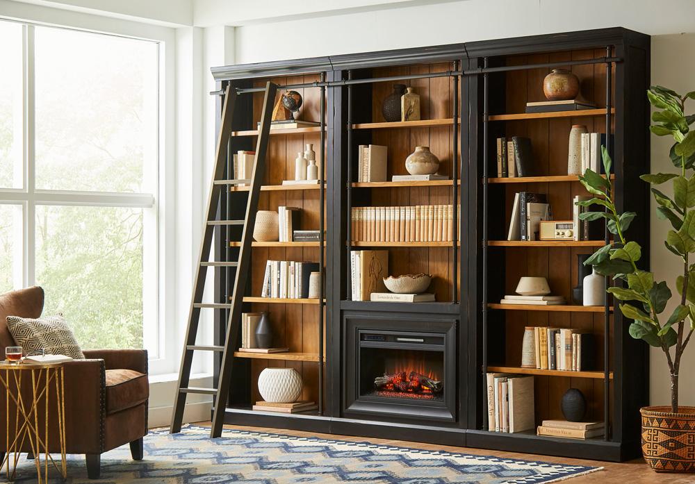 Martin Furniture - Toulouse Three 8 Tall Bookcase Wall With Fireplace and Ladder In Black - IMTE4094FPKIT3 veiw 11