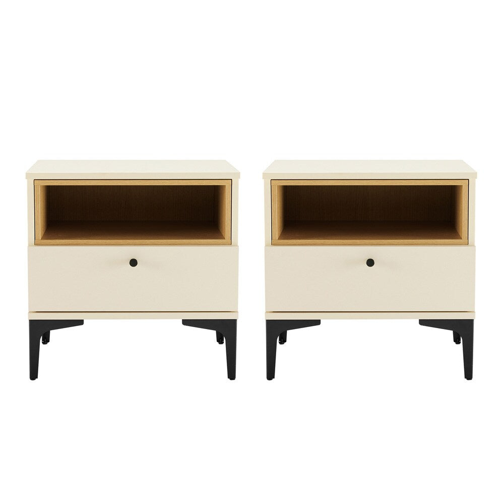 Manhattan Comfort - Amara Nightstand with 2 Full Extension Drawers in Cream and Natural Oak - Set of 2 - 2-NS006-CR veiw 1