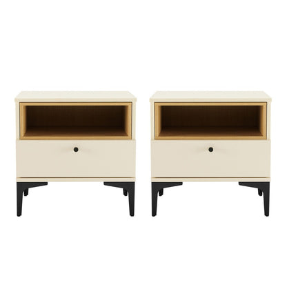 Manhattan Comfort - Amara Nightstand with 2 Full Extension Drawers in Cream and Natural Oak - Set of 2 - 2-NS006-CR veiw 1