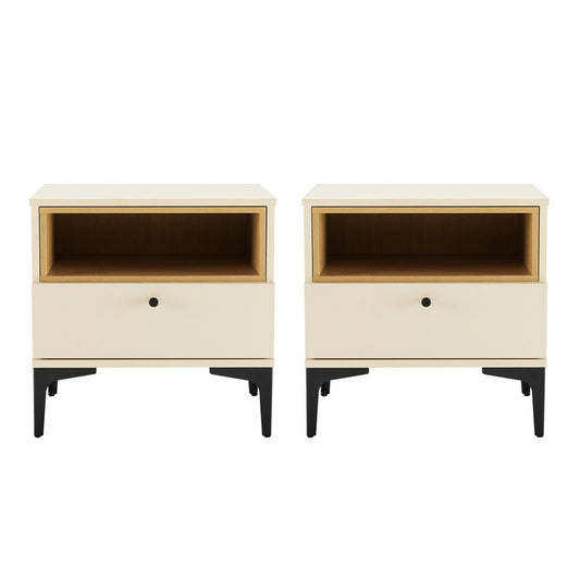 Manhattan Comfort - Amara Nightstand with 2 Full Extension Drawers in Cream and Natural Oak - Set of 2 - 2-NS006-CR veiw 1