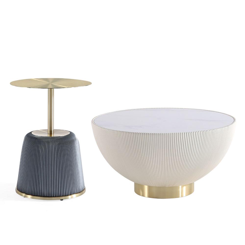 Manhattan Comfort - 2-Piece Anderson Leatherette Coffee Table and End Table 1.0 with Stainless Steel Legs in Cream Grey - 2-AT02-CRGY veiw 1