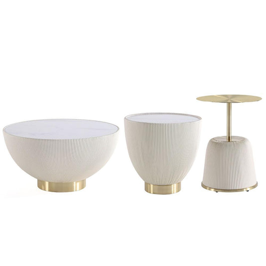 Manhattan Comfort - 3-Piece Anderson Leatherette Coffee Table, End Table 1.0, and End Table 2.0 with Stainless Steel Legs in Cream - 3-AT01-CR veiw 1