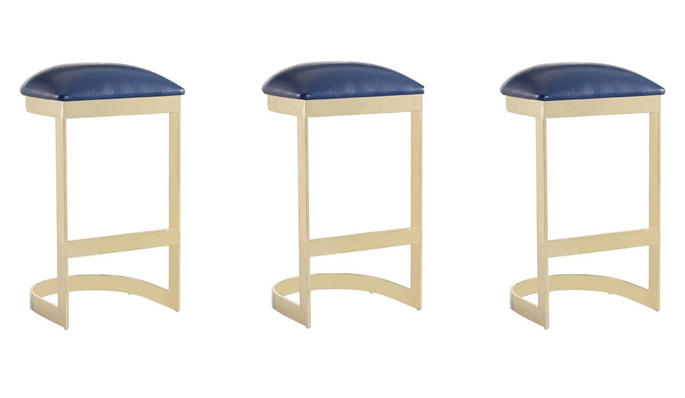 Manhattan Comfort - Aura Faux Leather Bar Stool with Stainless Steel Legs in Blue and Polished Brass - Set of 3 - 3-BS006-BL veiw 1
