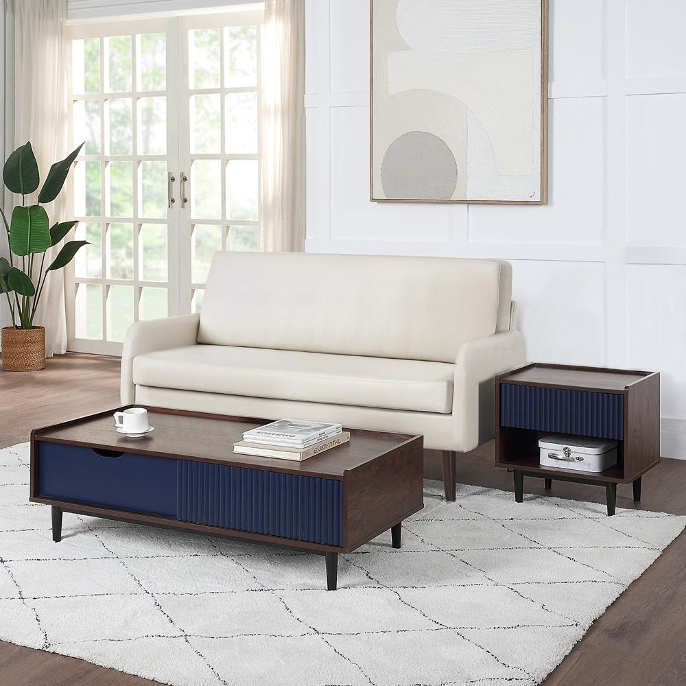Manhattan Comfort - 2-Piece Duane End Table and Coffee Table with 2 Coffee Table - Full Extension, Nightstand - Full Extension Drawers in Dark Brown and Navy Blue - 2-NC-12GLF-NB veiw 4