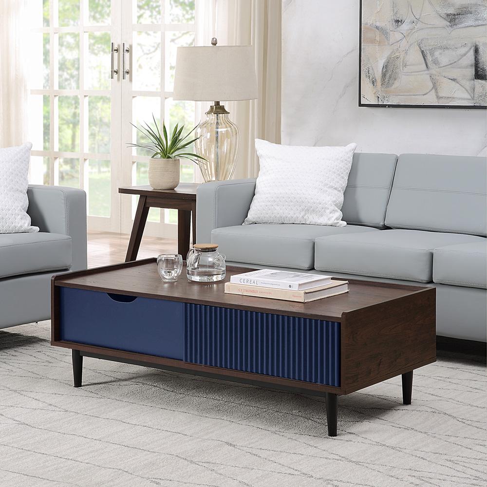 Manhattan Comfort - Duane Coffee Table with 1 Full Extension Drawers in Dark Brown and Navy Blue - CT-11GLF-NB veiw 7