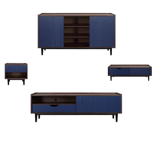 Manhattan Comfort - 4-Piece Duane Living Room with 3 Coffee Table - Full Extension, Nightstand - Full Extension, , TV Stand - Full Extension Drawers in Dark Brown and Navy Blue - 4-8911GLF-NB veiw 1