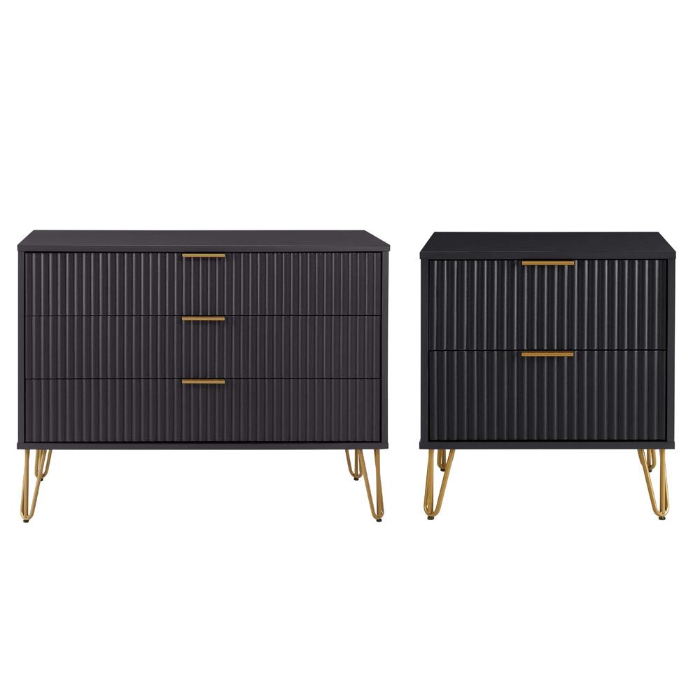 Manhattan Comfort - 2-Piece DUMBO Nightstand and Dresser with 5 Drawers in Black - 2-DB02-BK veiw 1