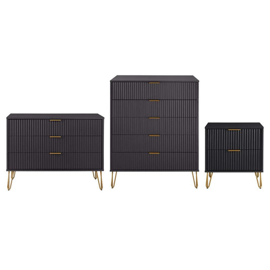 Manhattan Comfort - 3-Piece DUMBO Nightstand, Dresser, and 5-Drawer Tall Dresser in Black - 3-DB09-BK veiw 1