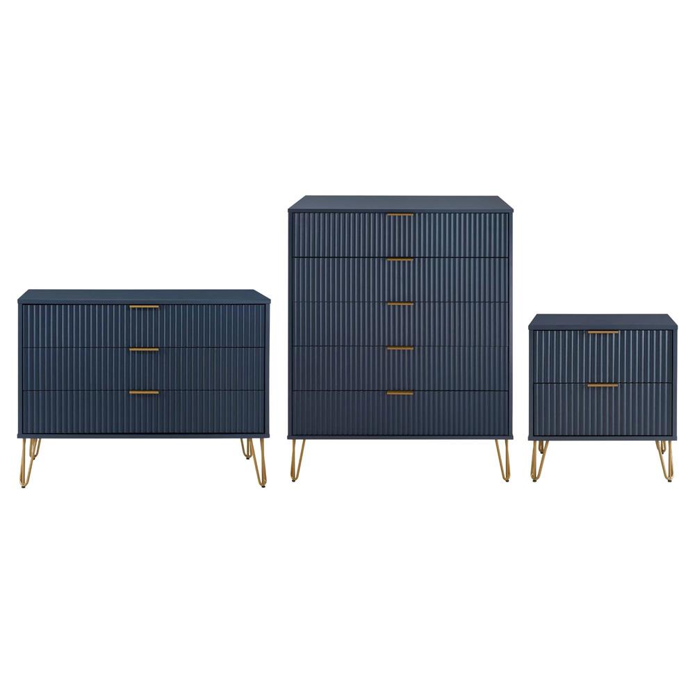 Manhattan Comfort - 3-Piece DUMBO Nightstand, Dresser, and 5-Drawer Tall Dresser in Midnight Blue - 3-DB09-MB veiw 1