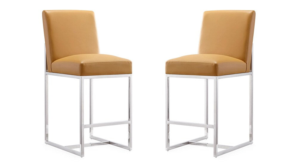 Manhattan Comfort - Element Faux Leather Counter Stool with Stainless Steel Legs in Camel and Polished Chrome - Set of 2 - 2-CS003-CL veiw 1