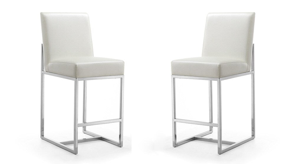 Manhattan Comfort - Element Faux Leather Counter Stool with Stainless Steel Legs in Pearl White and Polished Chrome - Set of 2 - 2-CS003-PW veiw 1