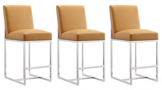 Manhattan Comfort - Element Faux Leather Counter Stool with Stainless Steel Legs in Camel and Polished Chrome - Set of 3 - 3-CS003-CL veiw 1