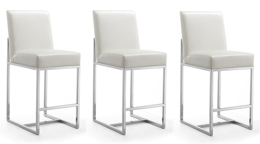 Manhattan Comfort - Element Faux Leather Counter Stool with Stainless Steel Legs in Pearl White and Polished Chrome - Set of 3 - 3-CS003-PW veiw 1